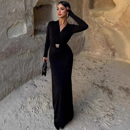 Elegant Embellished Belt Deep-V Long-sleeve Autumn Dress