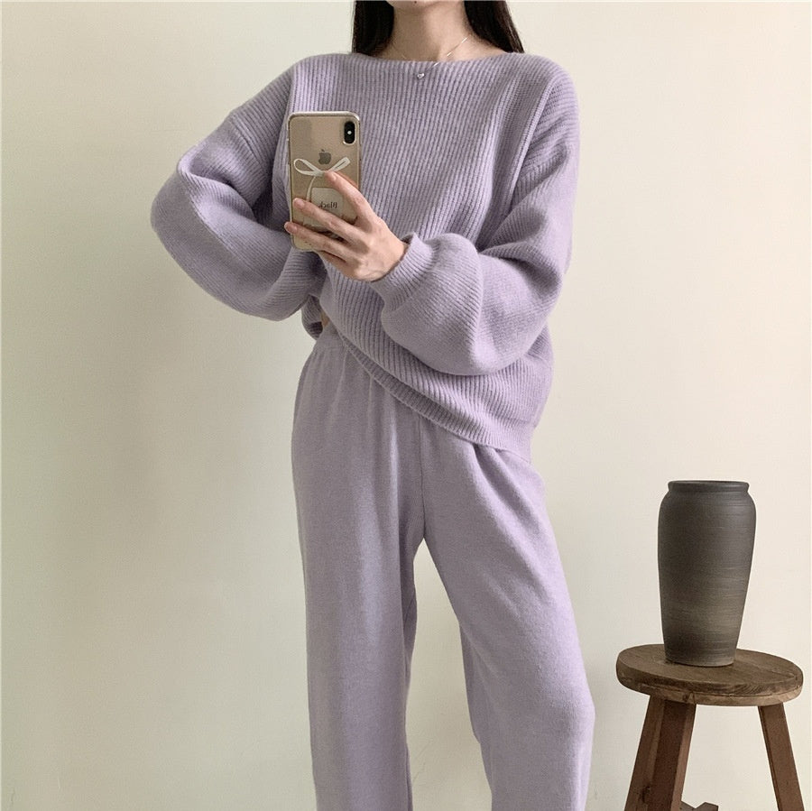 Knitted Sweater Suit Women's Loose Crew Neck Top Wide-leg Pants