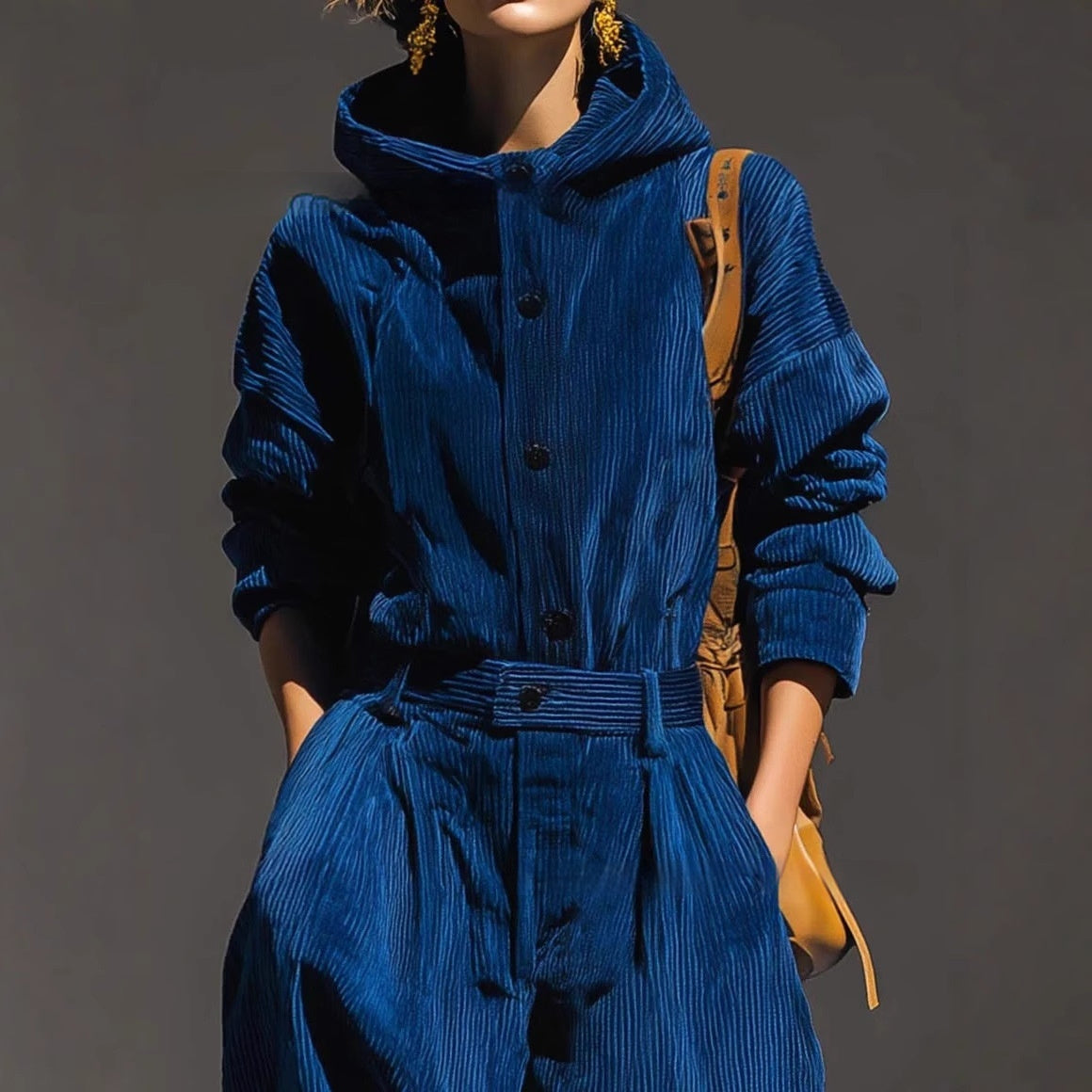 Blue Corduroy Hooded Top And Wide-leg Pants Set