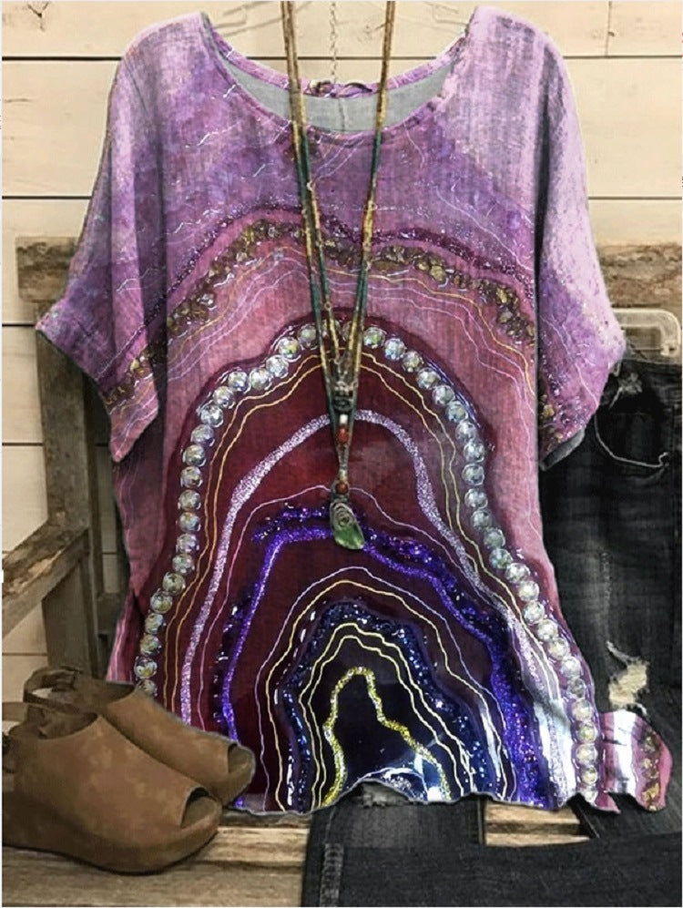 New Casual Loose Printed Crew Neck Top
