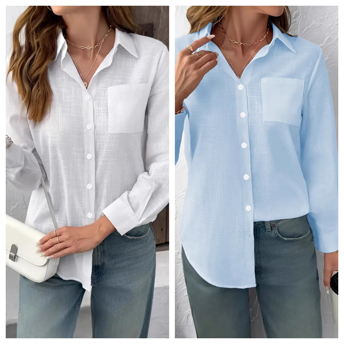 Lapel-collar Casual Pleated Loose-fitting Long-sleeve Womens Blouse