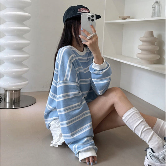 Koreansk retro preppy-stil stribet langærmet sweatshirt