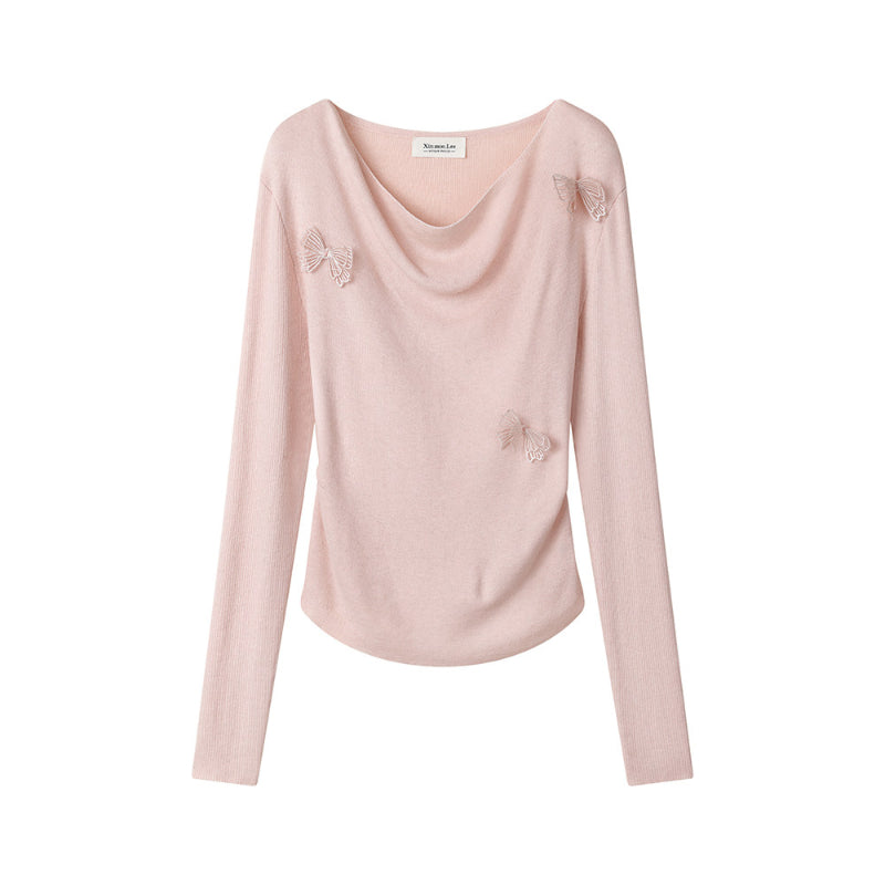 Sweet Pink 3D Butterfly Age-Reducing Knitted Top Long-Sleeve T-Shirt That Slims And Flatters Your Figure