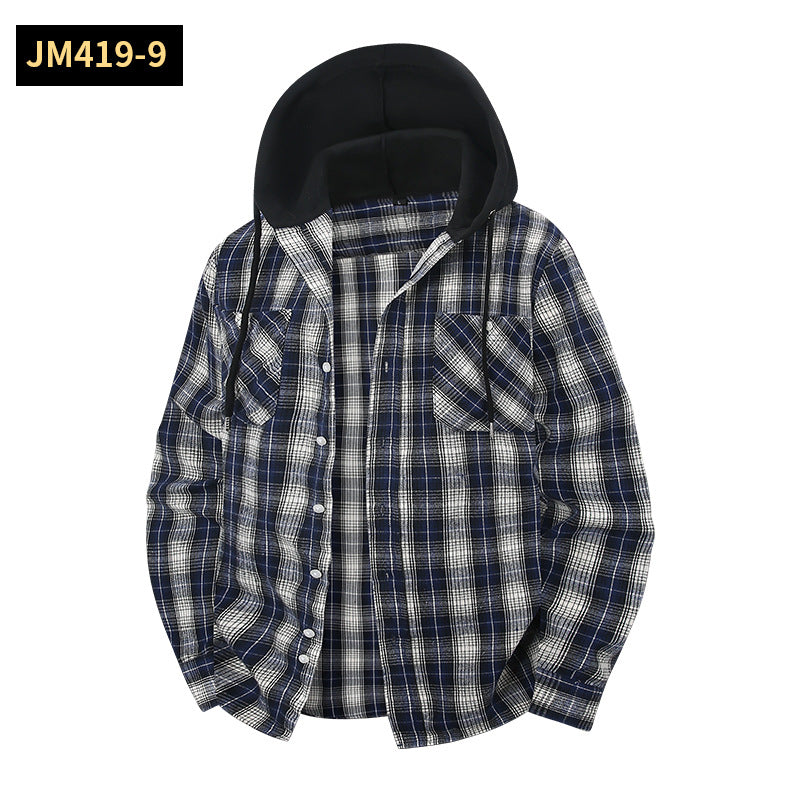 Men's Plaid Shirt Casual Hooded Jacket With Two Pockets