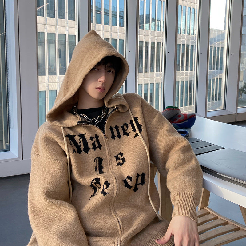 Autumn And Winter Hooded Letter Jacquard Loose Coat For Men