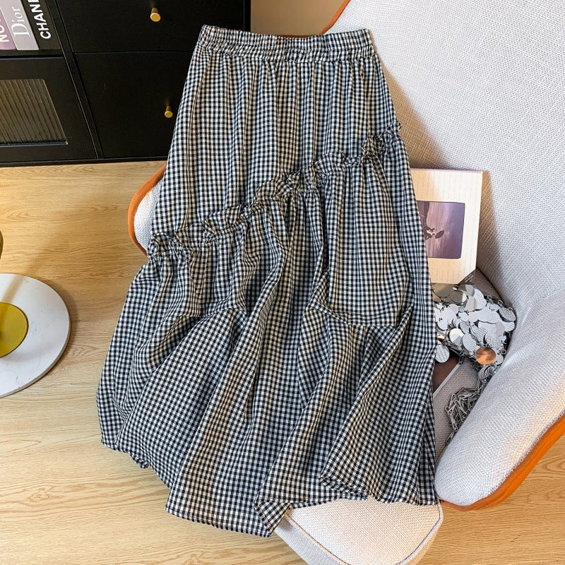 Summer Elastic Waist French Black And White Plaid Irregular A- Line Skirt