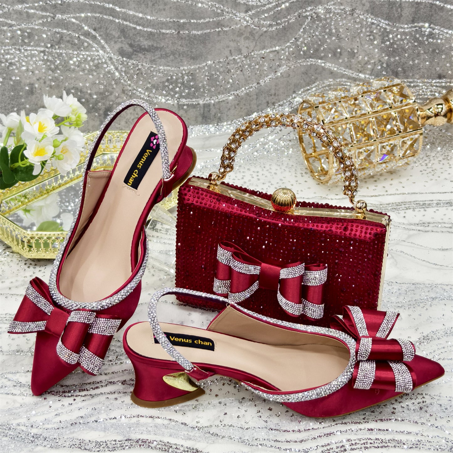 Women's Pointed Sandals Rhinestone Matching Square Rhinestone Bag