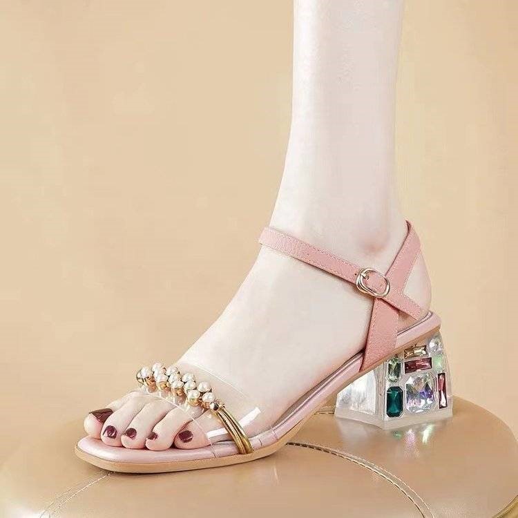 Women's Thick Heel Square Toe Leather Toe Mid Heel Sandals