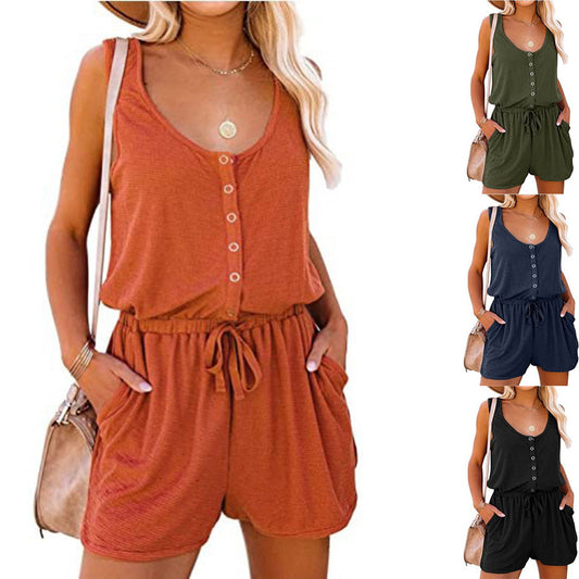European And American Women's Clothing Sleeveless Waist Tie Casual Loose Wide-leg Jumpsuit