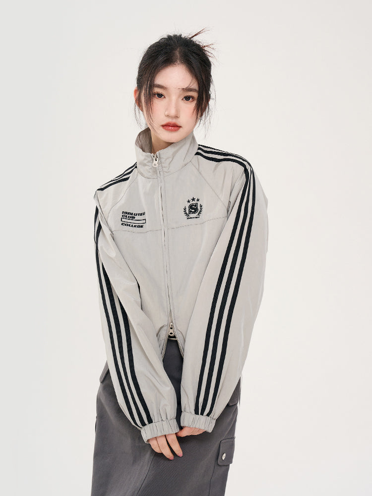 Women's Striped Sleeve Cardigan Hoodie Short Stand Collar Long Sleeve Coat