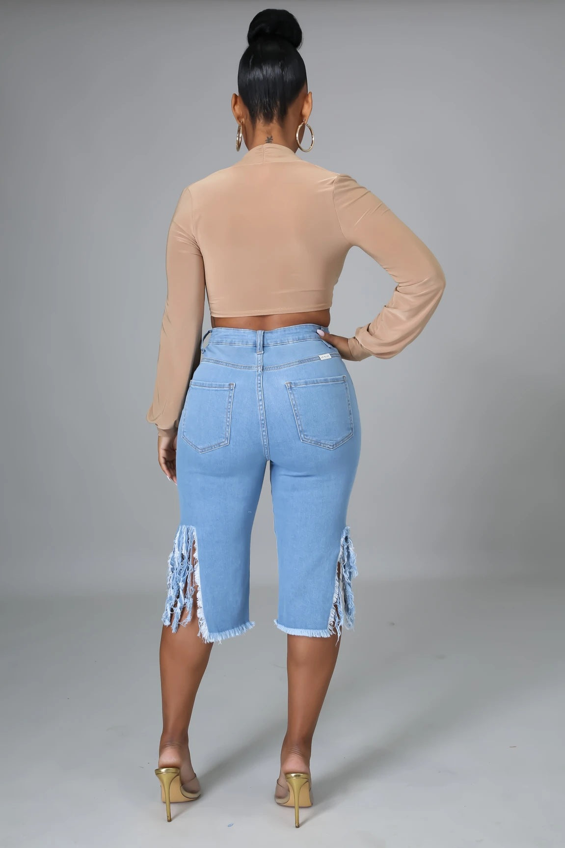 Nye Style Ripped Elastiske Jeans med Frynser til Kvinder Højtaljede Knælange Afslappede Slim Fit