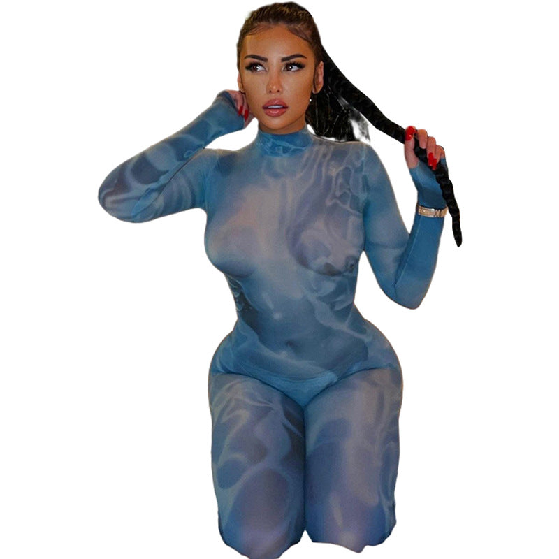 Kvinders mode 3D-print stramtsiddende bodysuit med høj talje og slim pasform