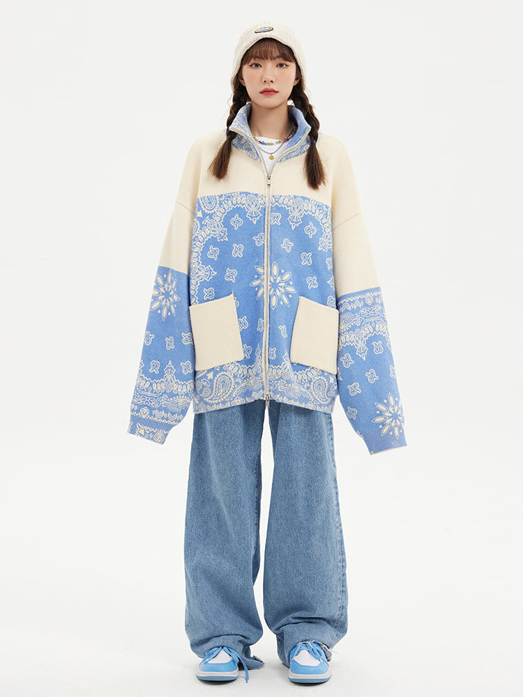 Loose Knit Cardigan Cashew Flower Casual Sweater Jacket