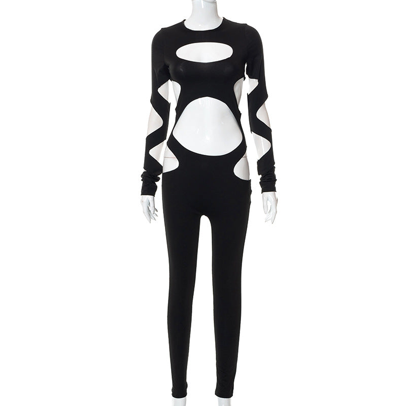 Leisure Openwork Navel Exposed Long Sleeve Slim Conjoined Trousers