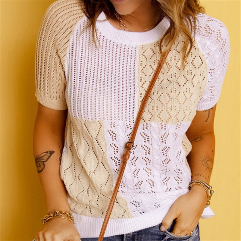 New Fashion European And American Color-blocking Knitted Short-sleeved T-shirt Top Knitted Sweater
