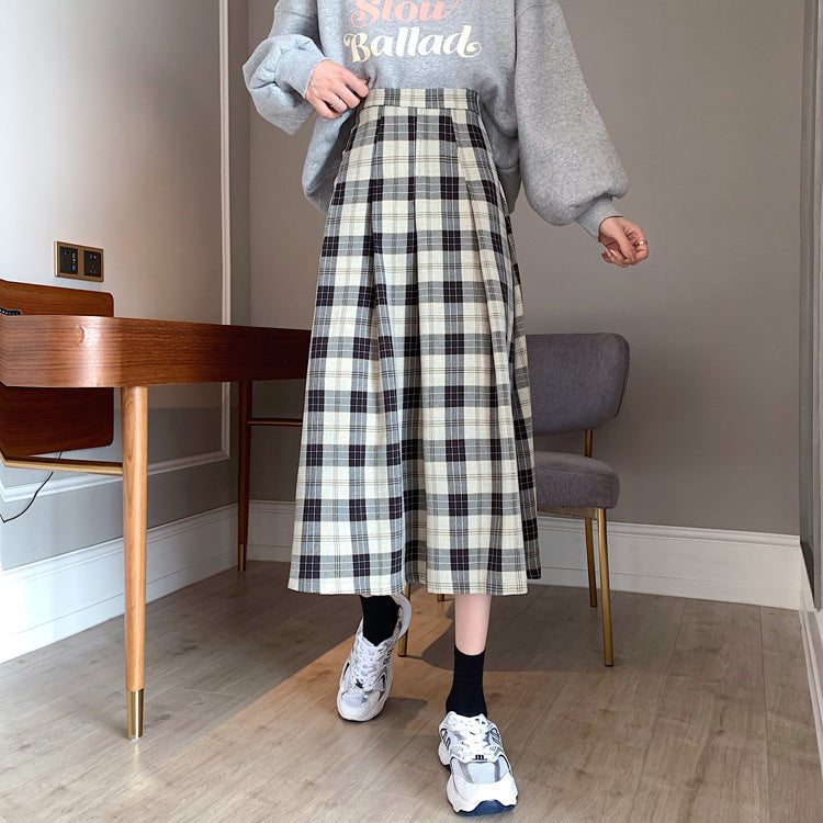 Women's High Waist Plaid Versatile Student Skirt