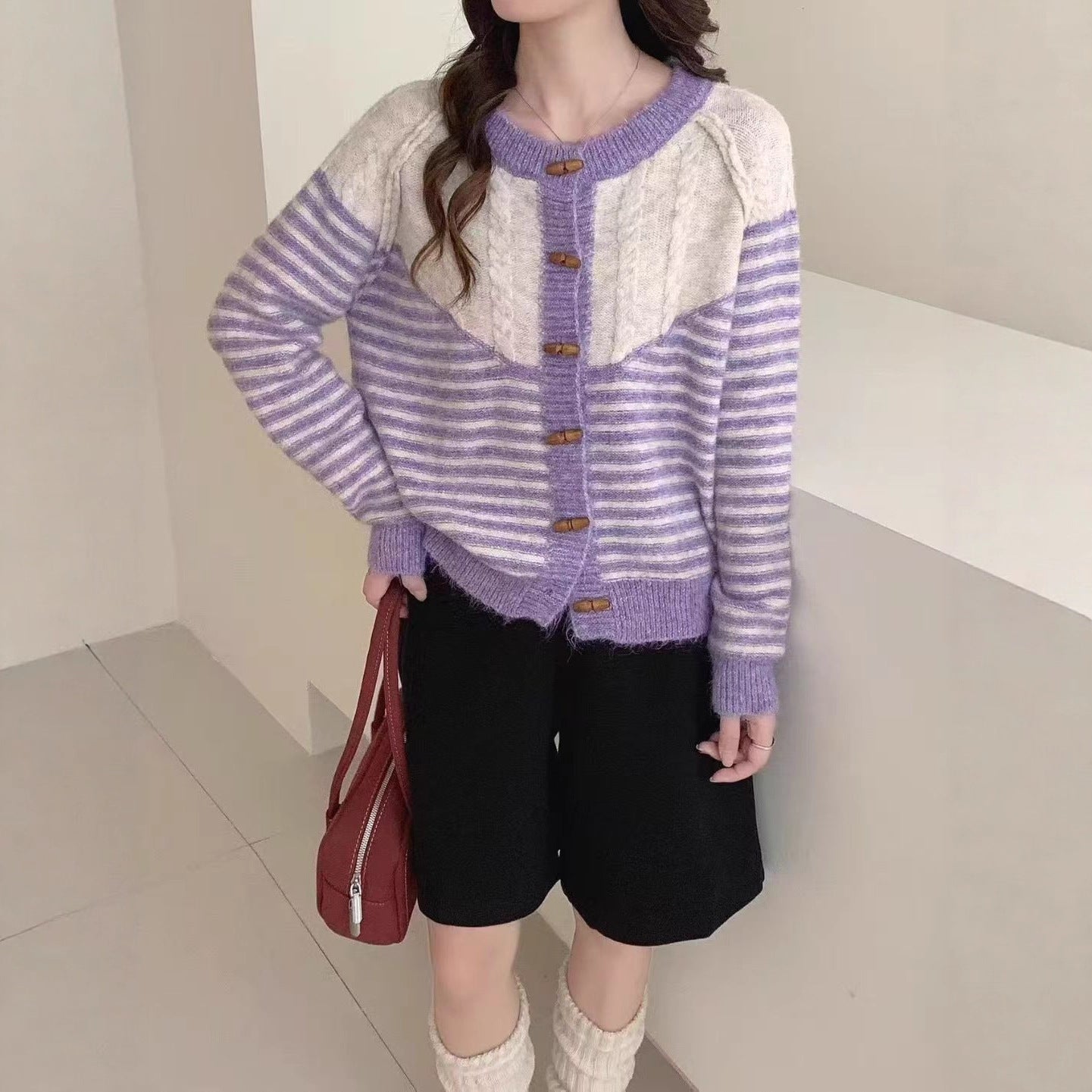 Autumn And Winter Striped Loose And Lazy Style Knitted Cardigan