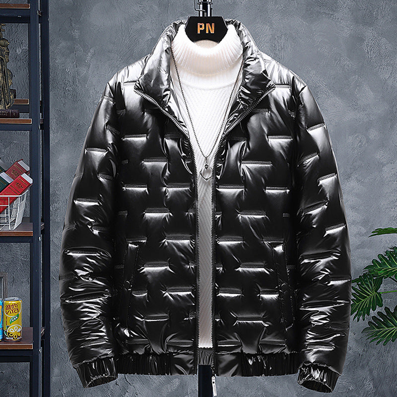 Mænds Glansfulde Ensfarvede Jakke med Standkrave