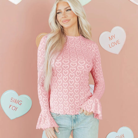 Sweet Feminine Heart-patterned Jacquard Top Thats Slimming And Figure-flattering