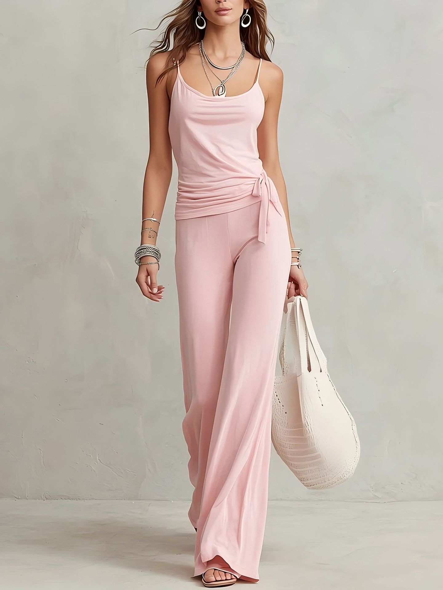 Casual Camisole Top And High-waisted Wide-leg Pants Set