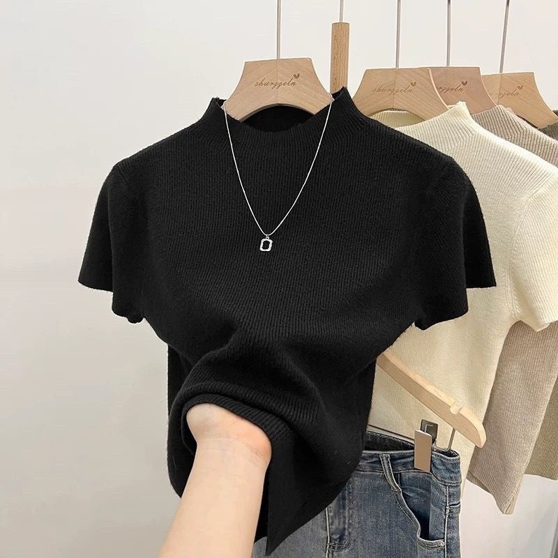 Dopamin Hot Girl Sort Mock-neck Skulder Kortærmet T-shirt Dame Sommer