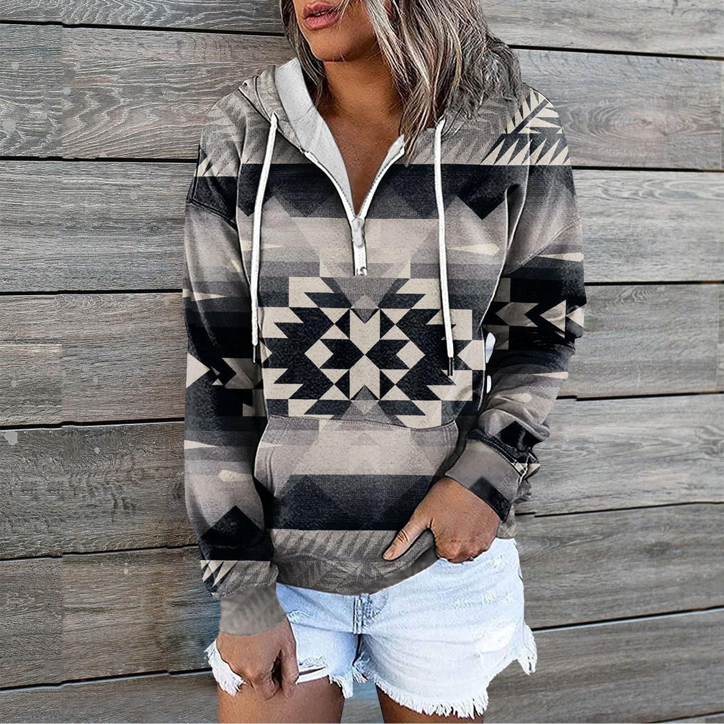 European And American Women's Zip Pocket Print Casual Hoodie