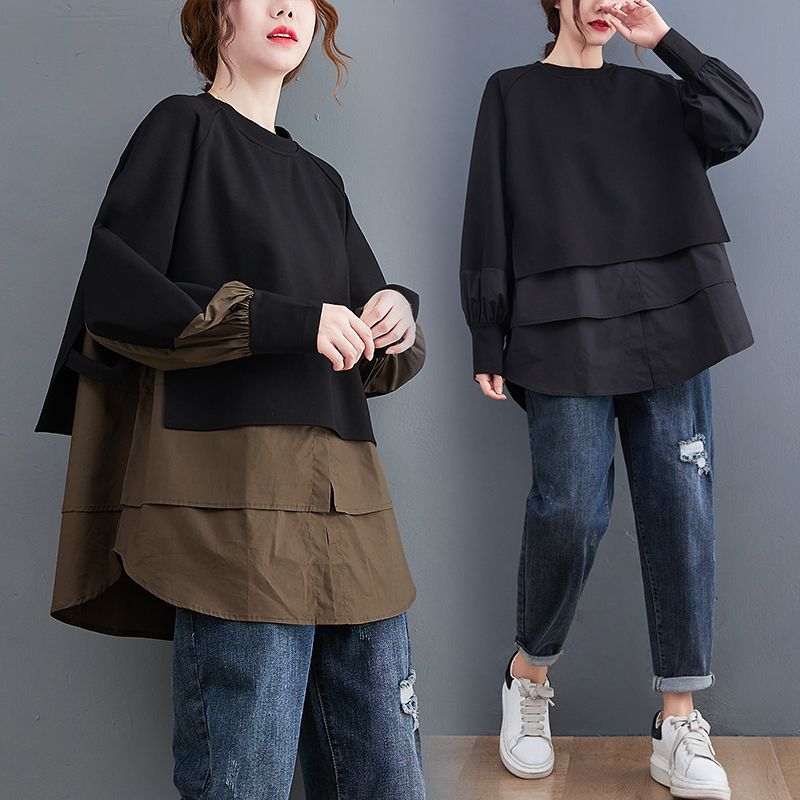 Efterår Og Vinter Ny Fake Todelt Kontrastfarvet Stikning Sweatshirt