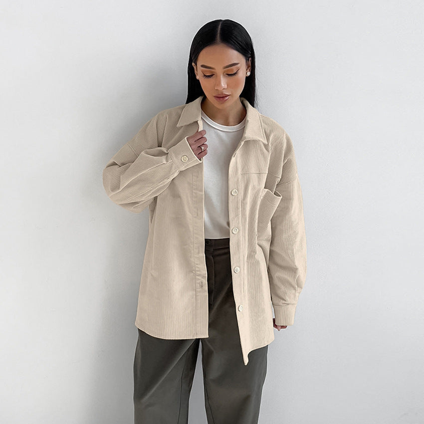 Retro Khaki Corduroy Shirt For Women