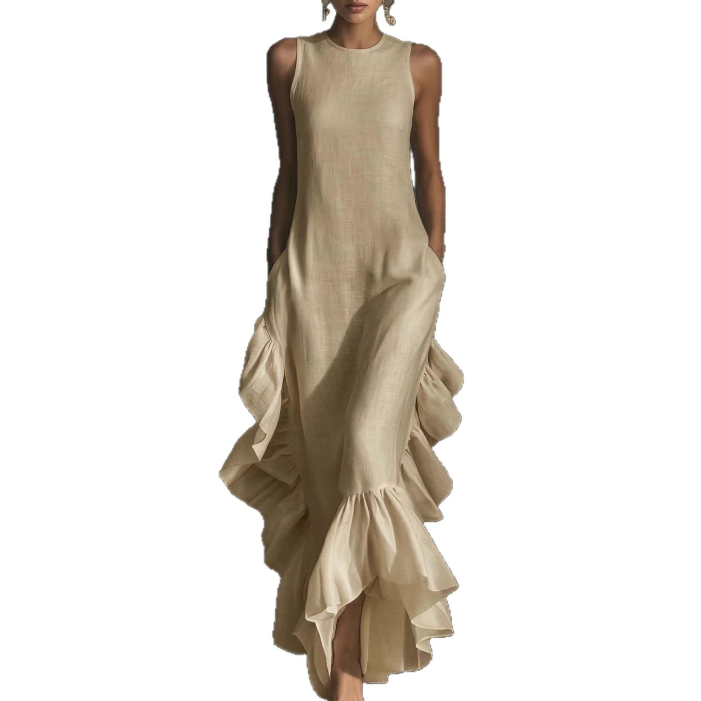 Womens Fashionable And Elegant Sleeveless Crew-Neck Dress With Ruffled Hem