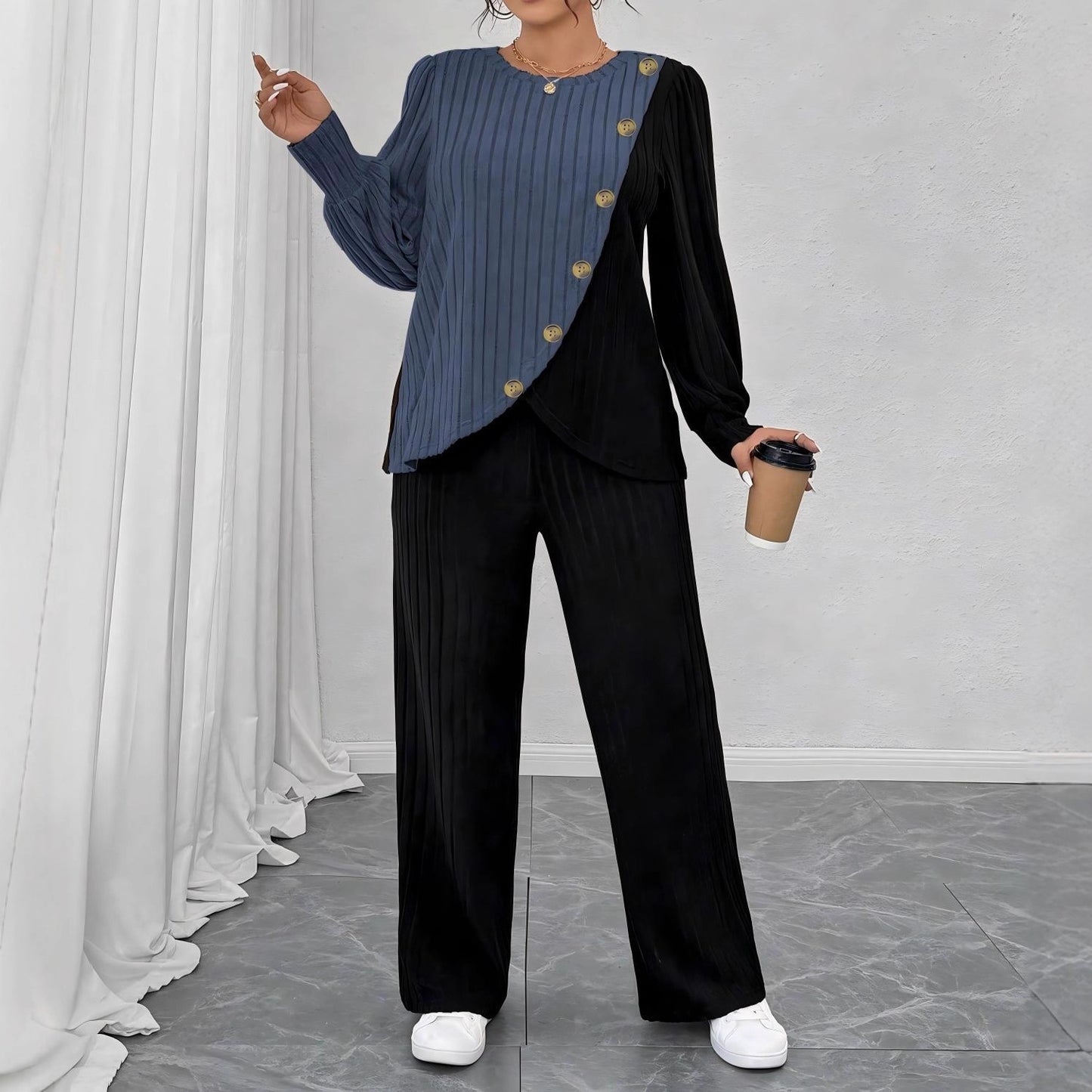 Round-neck Long-sleeve Soft Knit With Textured Color Blocks And Asymmetrical Design