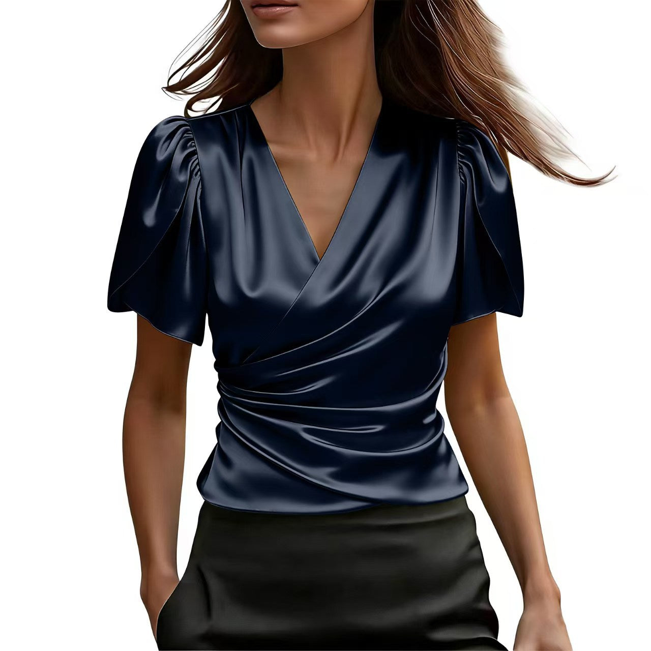 Women's Irregular Designer-Style Pleated Short-Sleeve Shirt