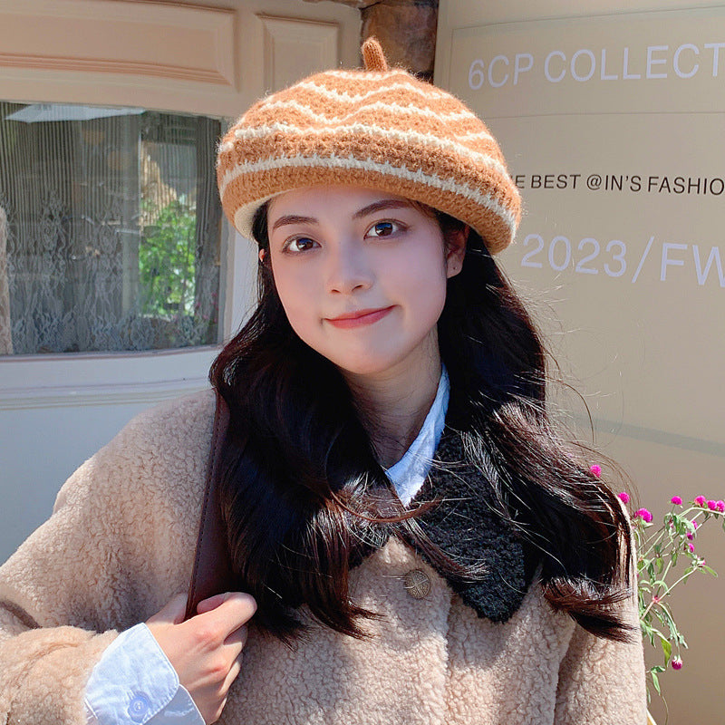 New Women's All-match Knitted Wool Striped Beret To Keep Warm
