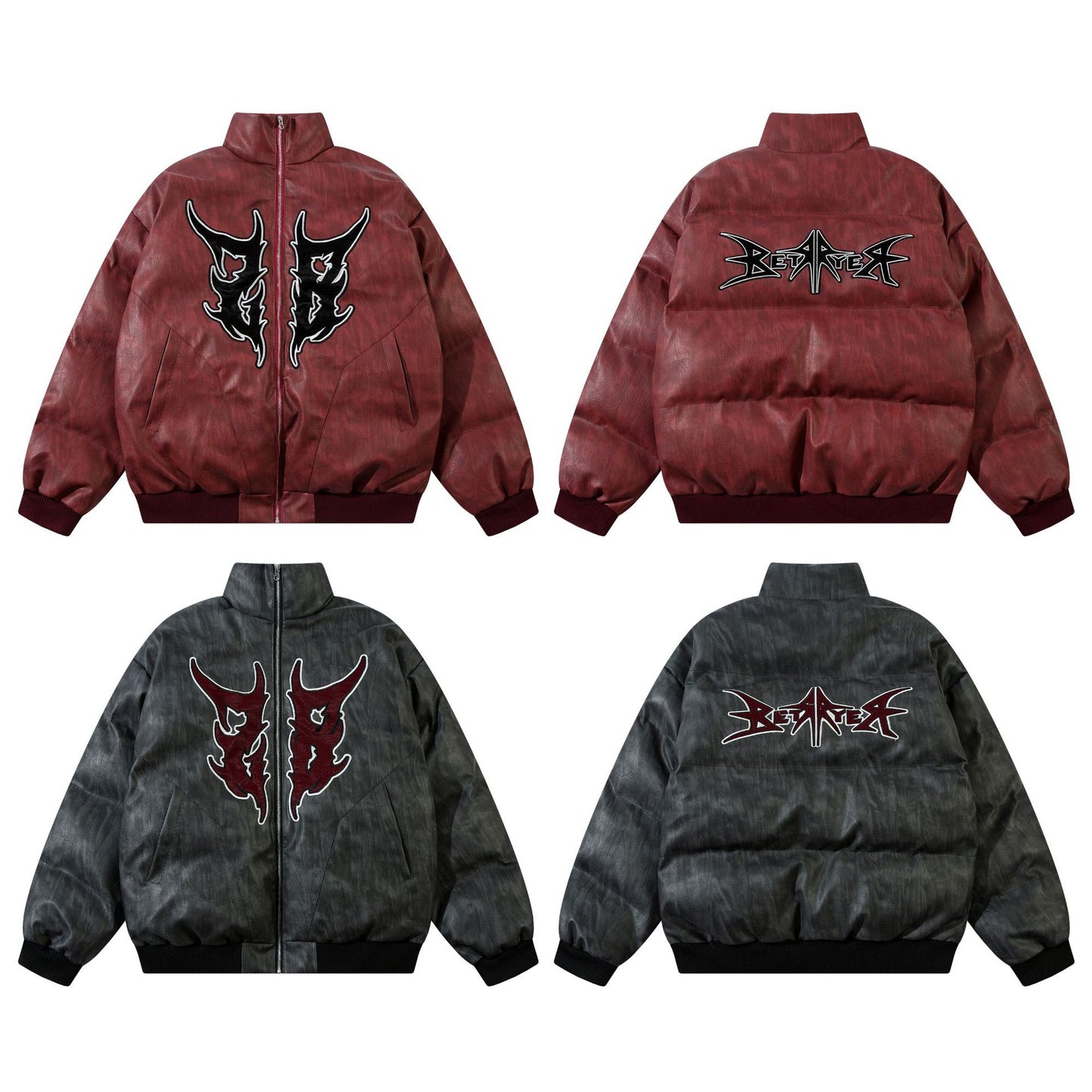American Retro PU Leather Bread Coat Veneer Embroidery Thickening Cotton Coat Jacket