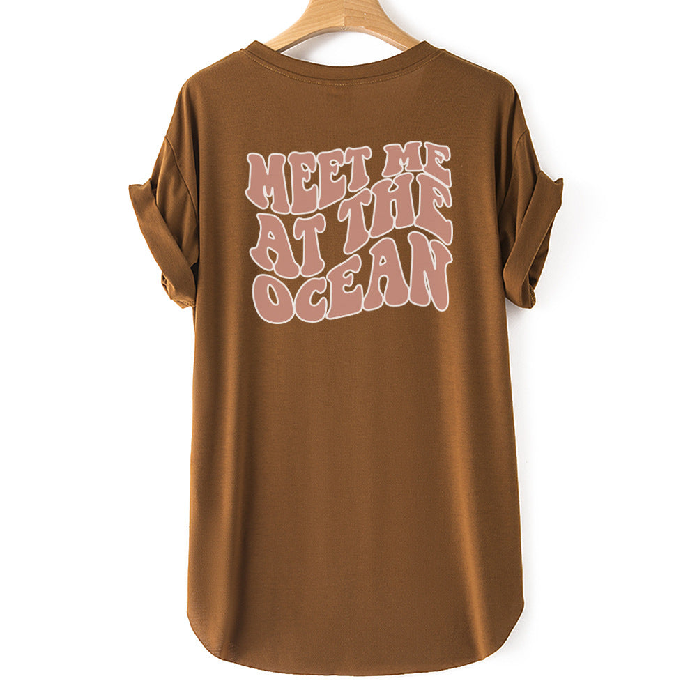 Letters MEET ME AT THE OCEAN Print Short Sleeve T-Shirt