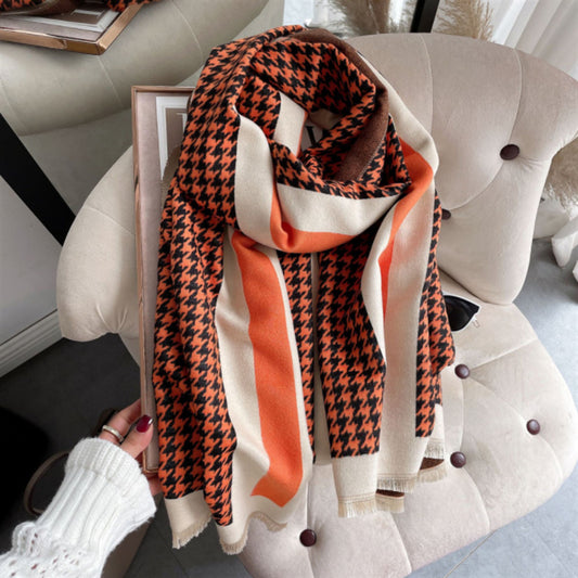 Short Beard Fringe Decoration Women's Cashmere Houndstooth Scarf