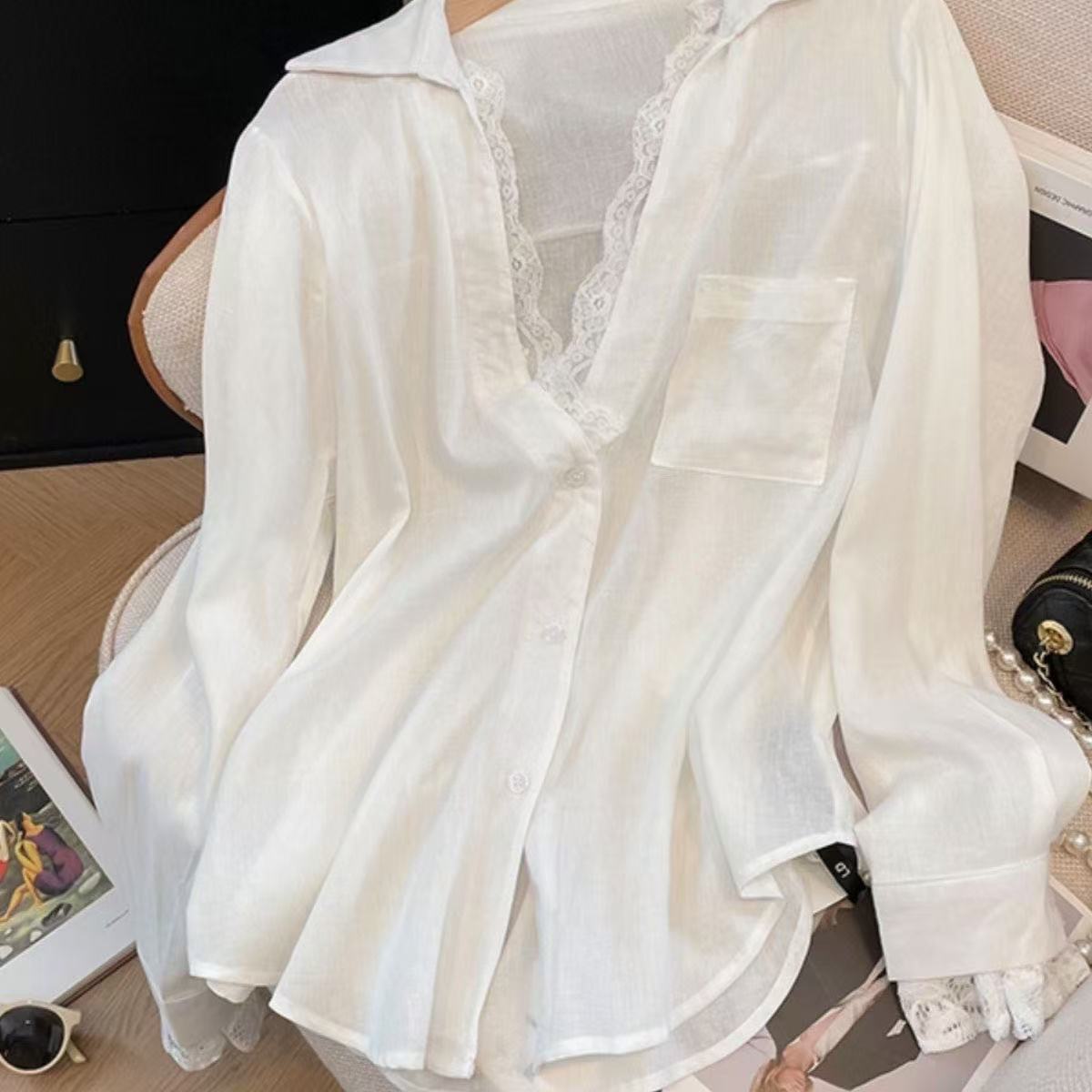 Women's Faux Two Piece Lace Panelled Long-sleeve Top