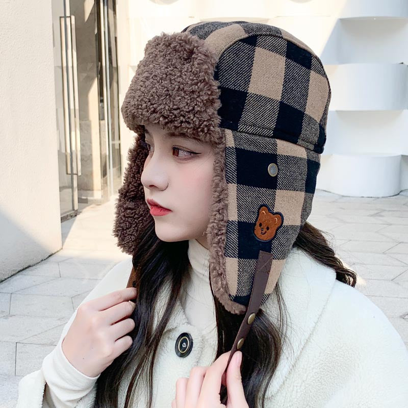 Plaid, Brushed Thermal And Windproof Cold Cycling Earflaps Ushanka Female