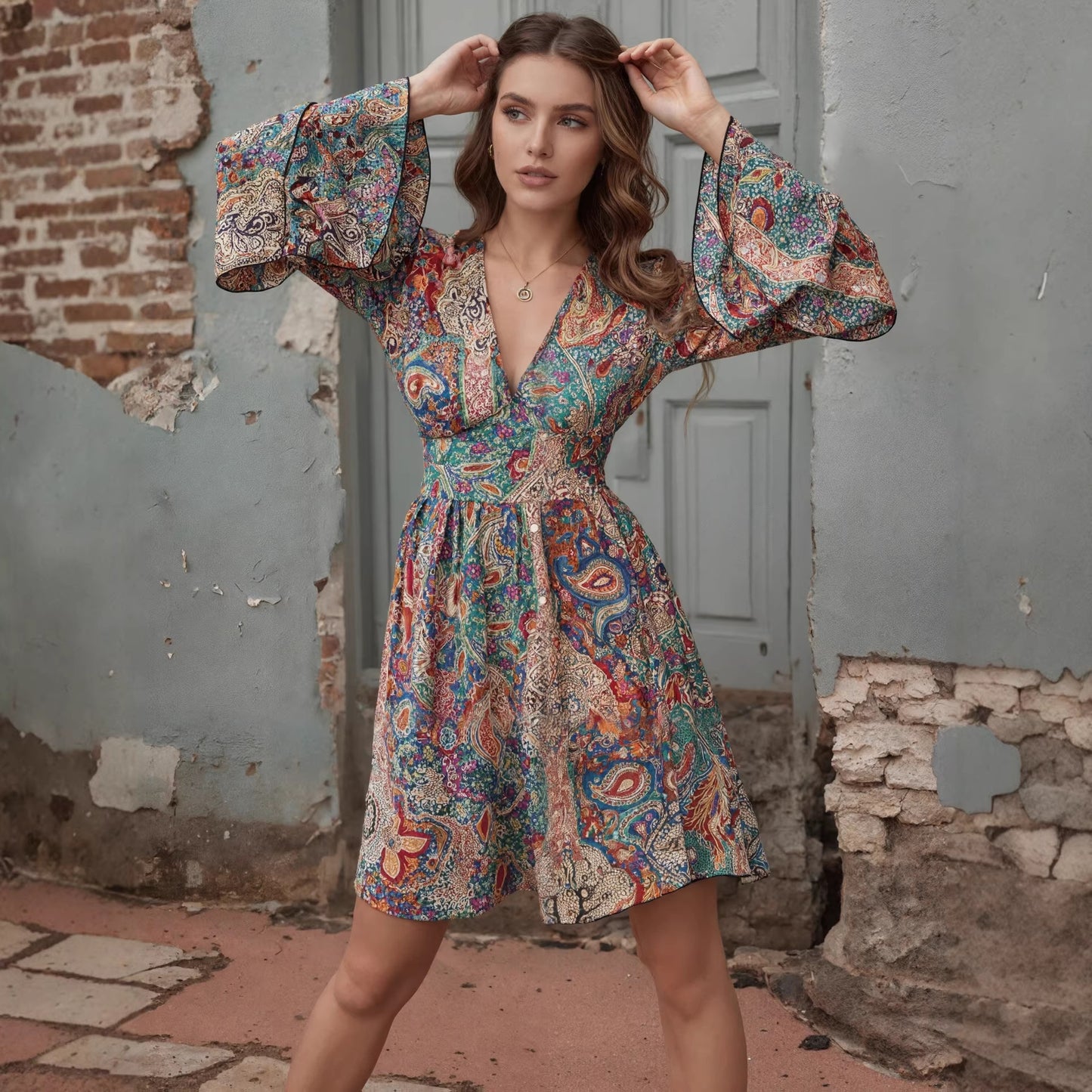 New Bohemian-style Fashion Casual Printed V-neck Womens Dress