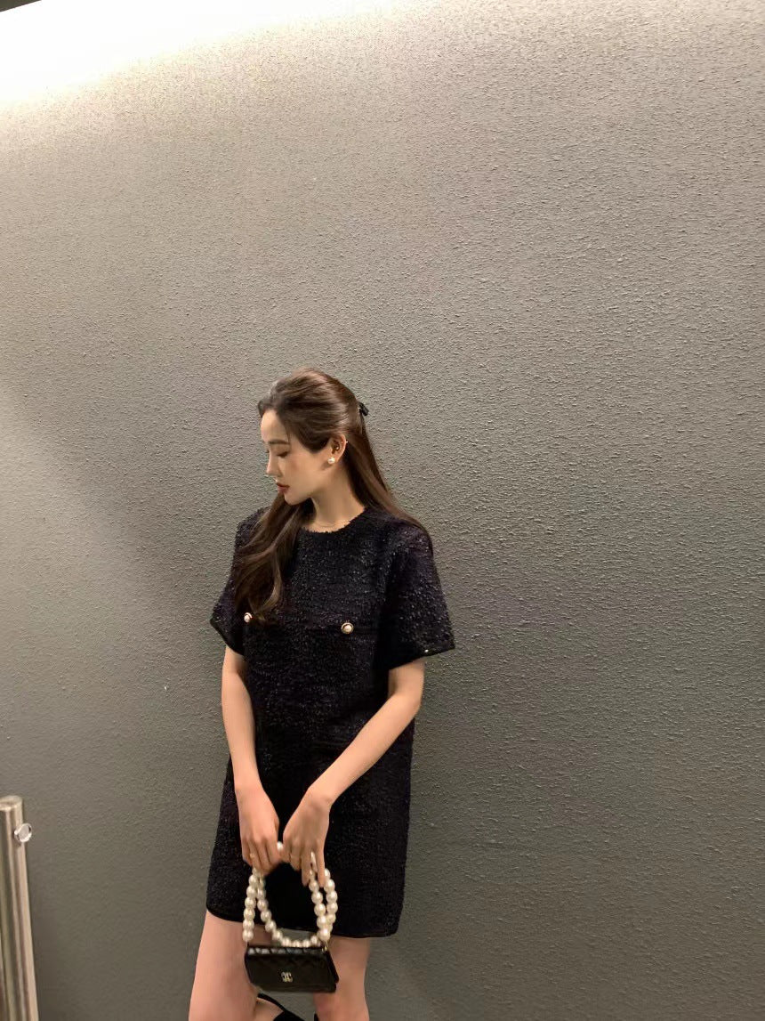 Contrast-color Patchwork Loose Casual Short-sleeve Tweed Dress