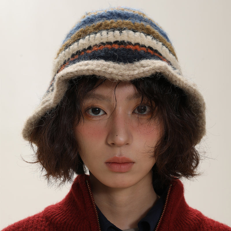Small Hand Hook Color Stripe Wool Fisherman Hat Children