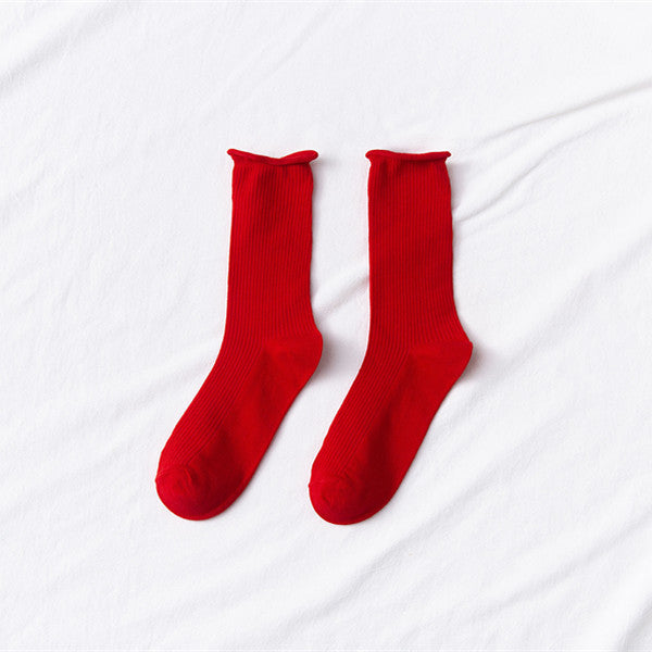 Women's Mid-tube Socks Thin Candy Color Rolled Edge Cotton