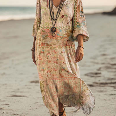 Womens Stylish V-Neck Long-Sleeve Dress