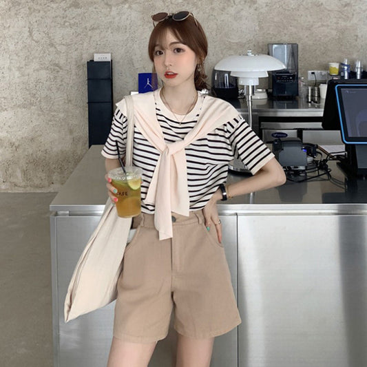 Female Niche Knitwear Striped Fake Two-piece Top Ice Silk T-shirt