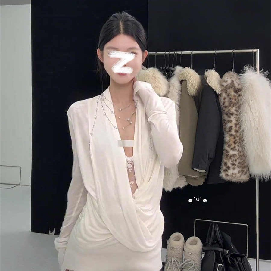 White Faux Two-piece Lace Boat-neck Long-sleeve Top