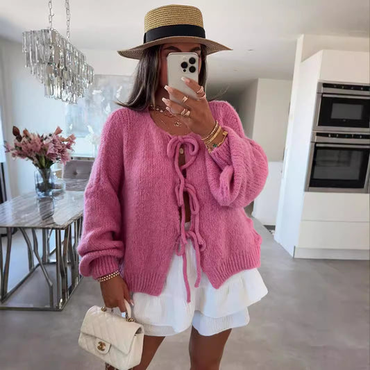 Casual Knitted Bow Lace Up Cardigan Women Solid O-neck Short Sleeve Hollow Out Sweater Female Autumn Lady Solid Streetwear