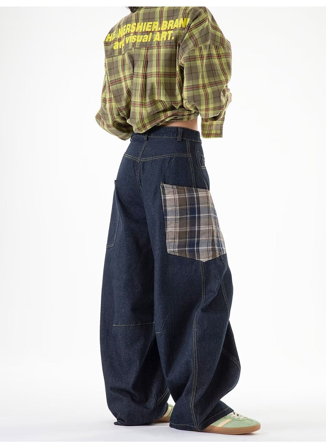 Straight jeans i amerikansk plaid-patchwork
