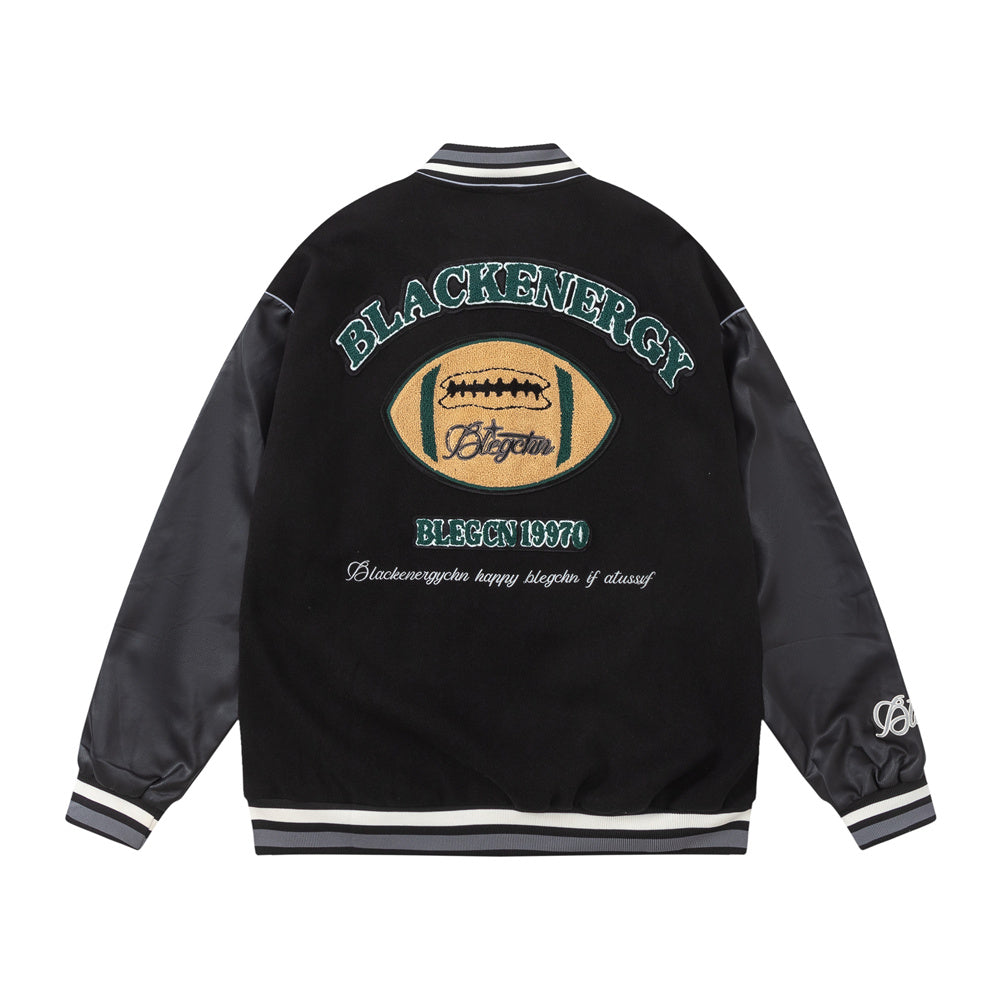 Towel Embroidered Rugby Pattern Leather Sleeve Stitching Jacket Coat