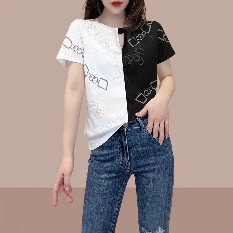 Color Matching Polo Collar Printed Rhinestones Short Sleeve Women's Top