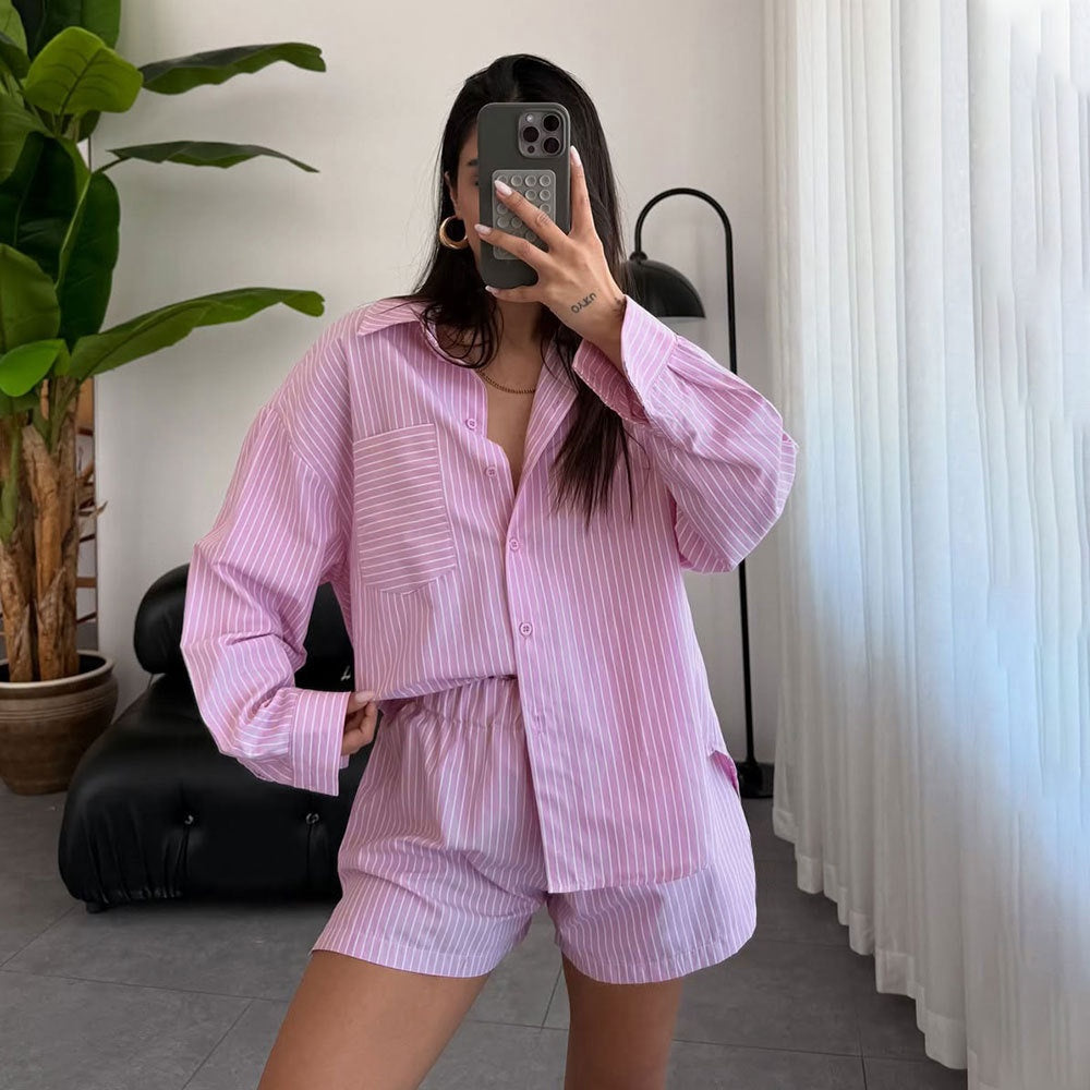 Striped Cardigan And Long-Sleeve Womens Shirt Set