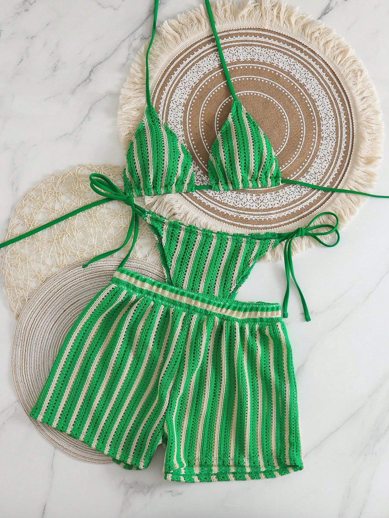 Womens Sexy Woven Bohemian Bikini Three-Piece Set